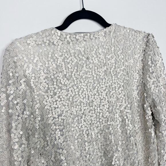 Allison Joy Medium M Light Gray Nina Matte Sequin V Neck Long Sleeve Blouse Top - Picture 6 of 11